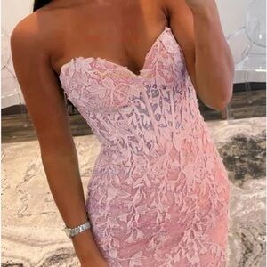 Strapless Pink Lace Applique Evening/Homecoming Dress